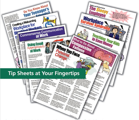 collection of tip sheets with "tip sheets at your fingertips" across image.