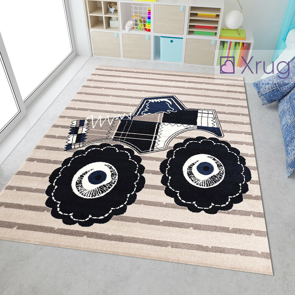 Boys Car Rug Beige Navy Blue Monster Truck Kids Carpet Childrens Round Floor Mat