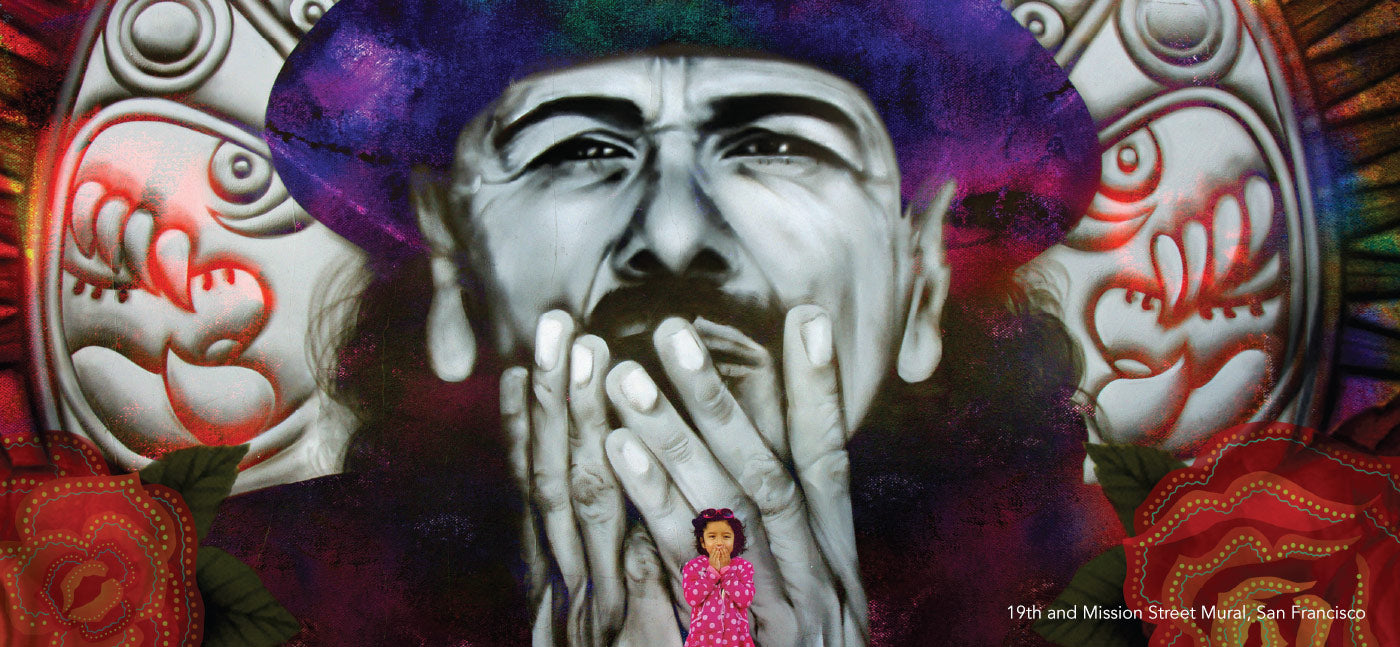 Young girl standing in front of large mural of Carlos Santana and mimicking Santana holding his hands to his mouth