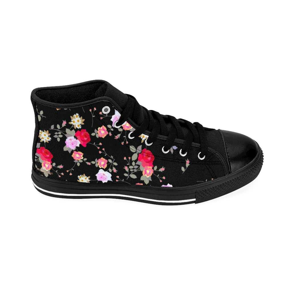 Black Floral Women's Sneakers, Rose 