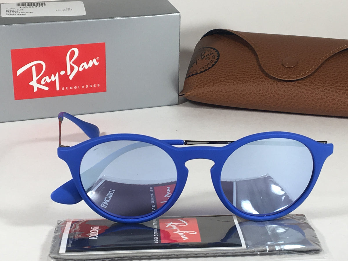 Ray Ban Round Phantos Sunglasses Matte Blue Frame Gray Flash Lens Rb42
