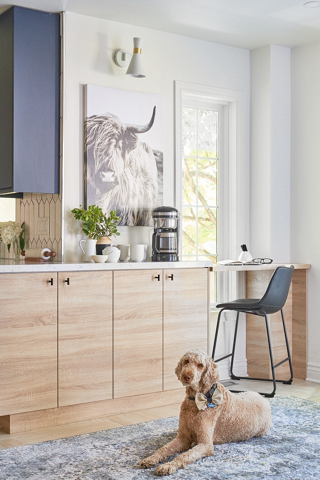 kitchen coffee bar, wood cabinets, jo alcorn design