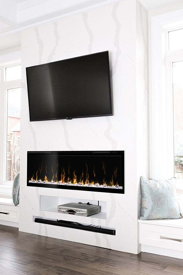 faux marble fireplace with TV above