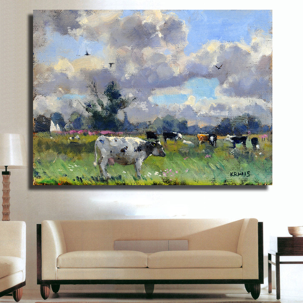 Hdartisan Wall Print Herd Of Cows Farm Animal Oil Painting Canvas Prin Retrodora