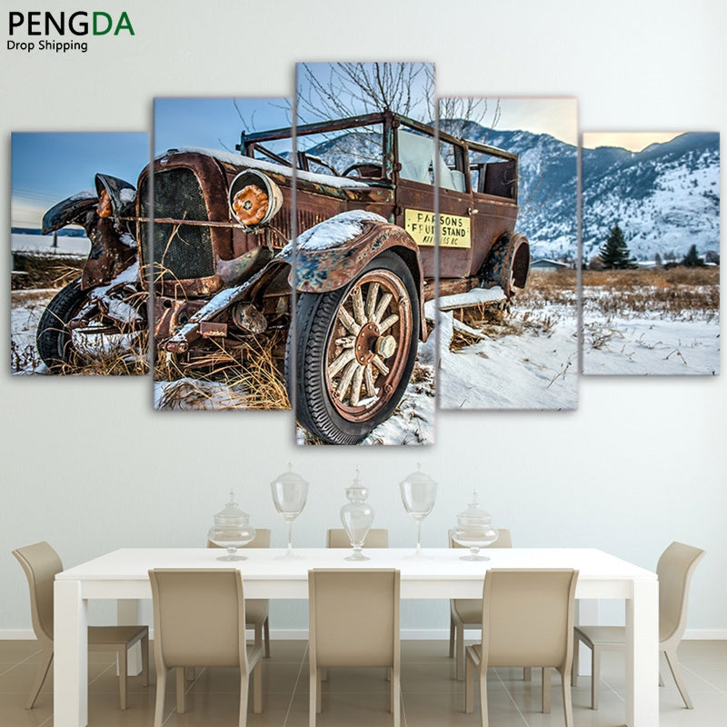 Modern Home Wall Art Decor Frame Hd Printed Snowfield Painting Artworks 5 Pieces Old Broken Car Poster Canvas Pictures Pengda