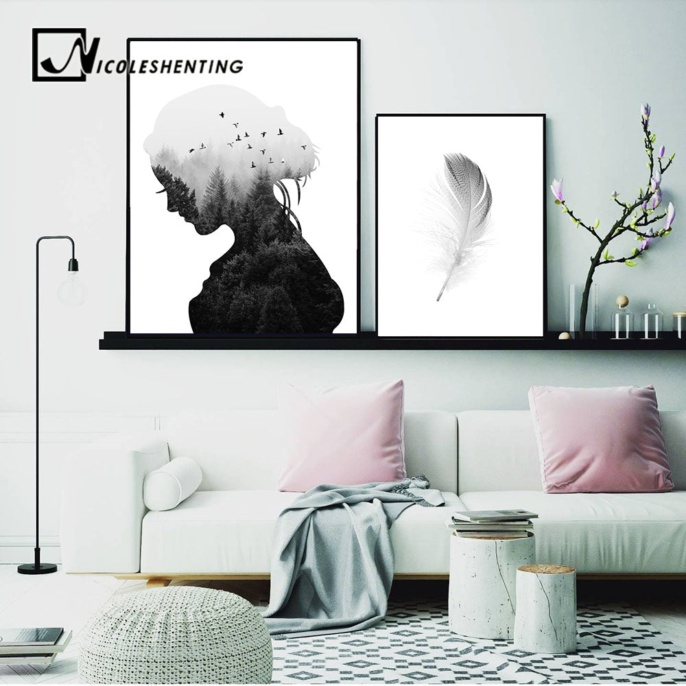 Scandinavian Wall Art Canvas Abstract Painting Girl Silhouette Feather Retrodora