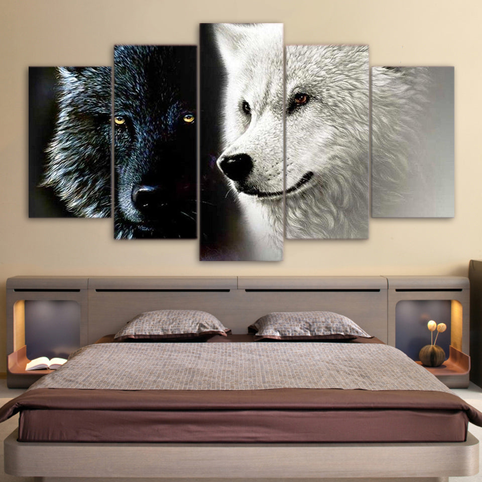 Poster Hd Printed Home Decor Living Room Modular 5 Panel Black White Wolf Couple Framework Wall Art Painting Canvas Pictures