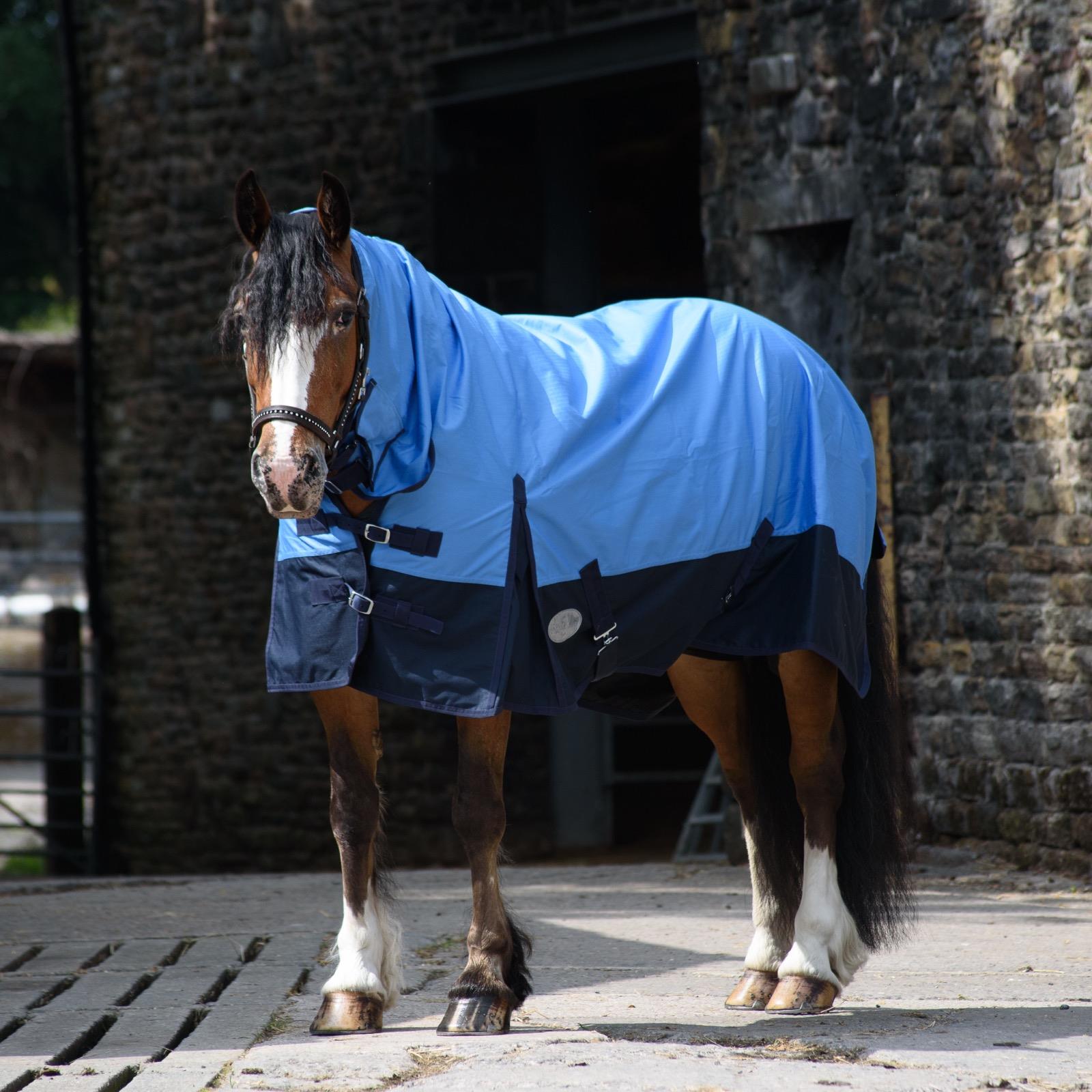 600D Lightweight Turnout Horse Rug Waterproof Combo Full Neck Sky Blue/Navy 5'3 -6'9