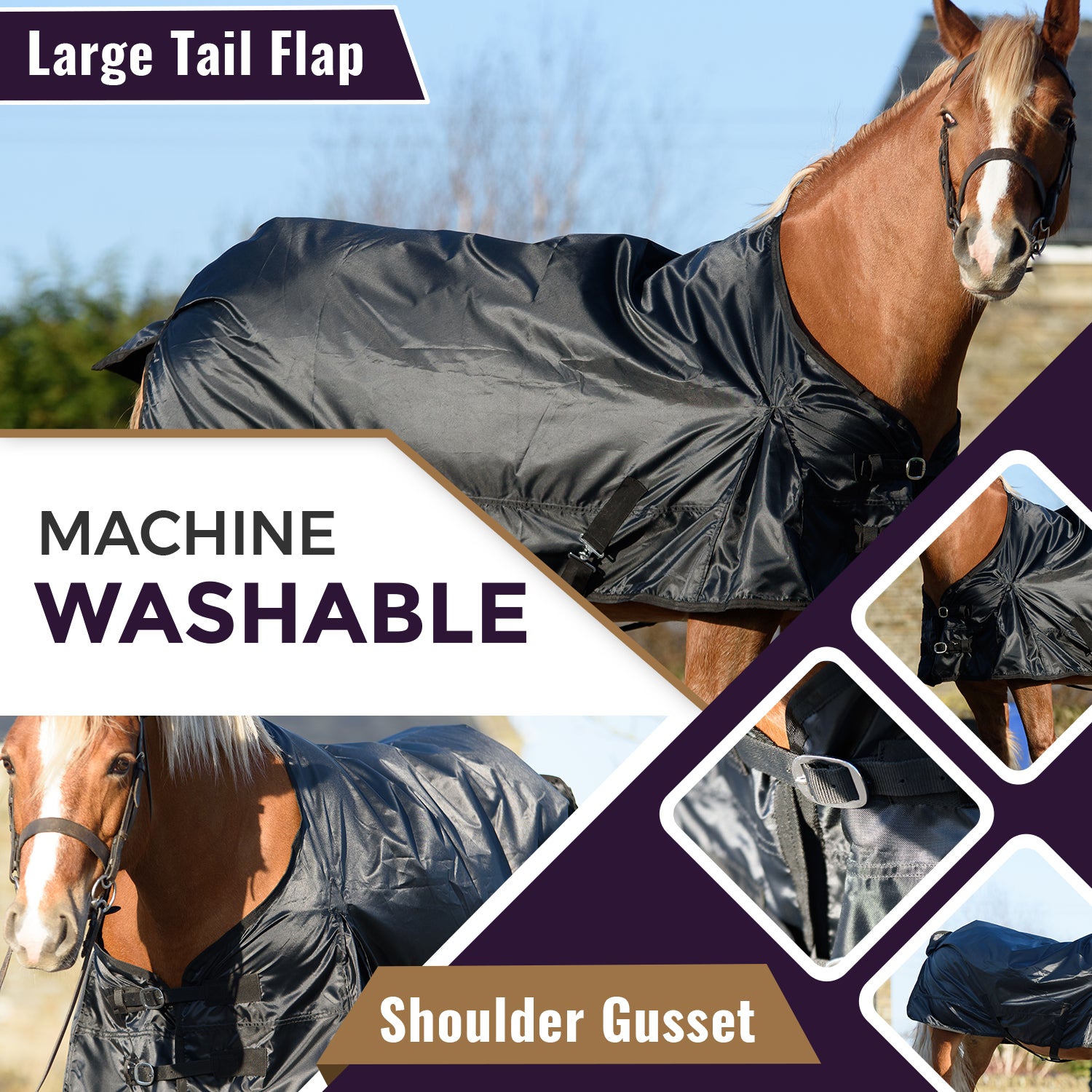 420D Lightweight Turnout Horse Rug 100% Waterproof Rugs Black 5'6-6'9