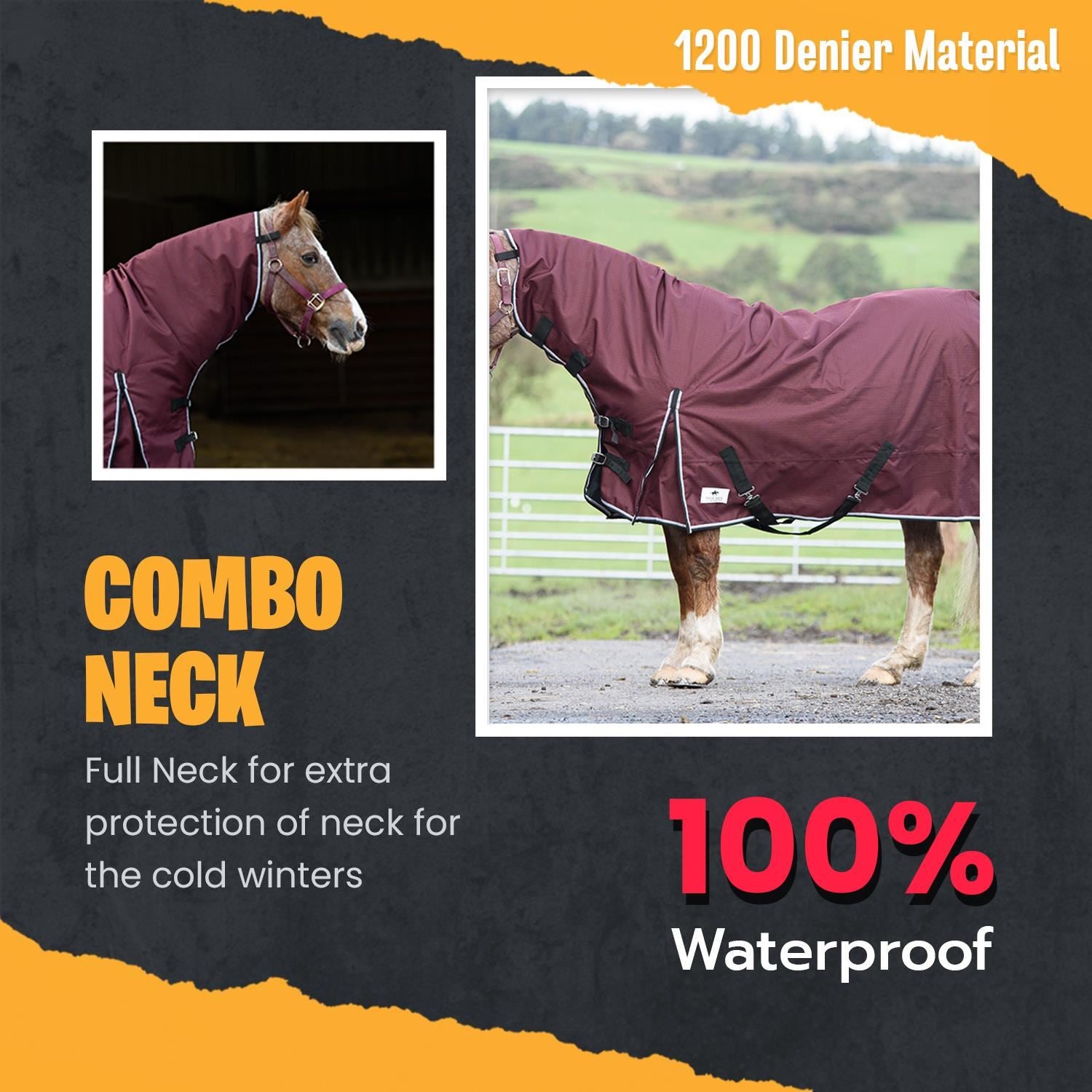 1200D Outdoor Winter Turnout Horse Rugs 100G Fill Combo Neck Teflon Red 5'3-6'9