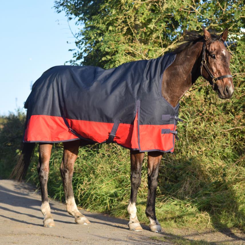 Mediumweight Turnout Horse Rug 50g 600D HALF Neck Waterproof Navy/Red 5'3-6'9