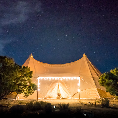 Glamping tent at night