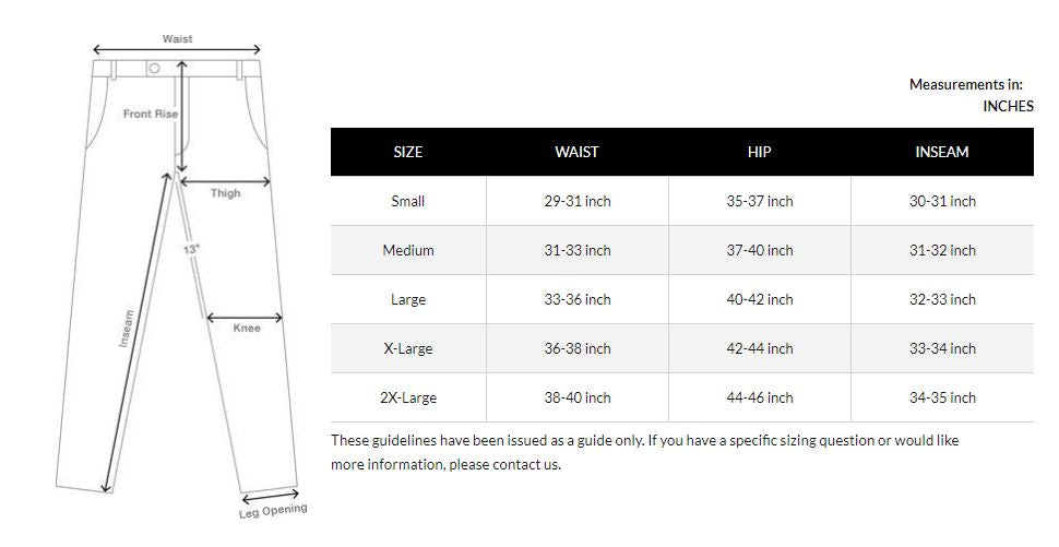 fxn mens twill bottoms size chart general