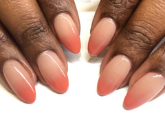 nude to coral pink ombre nail art. a nude nail color for dark skin