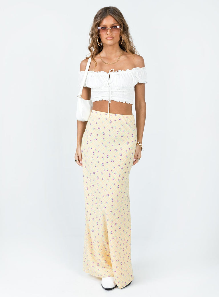 Midi skirt Textured print material Elasticated waistband Invisible zip on side Slight stretch Lined