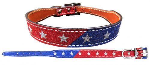 Red and Blue Glitter overlay leather dog collar