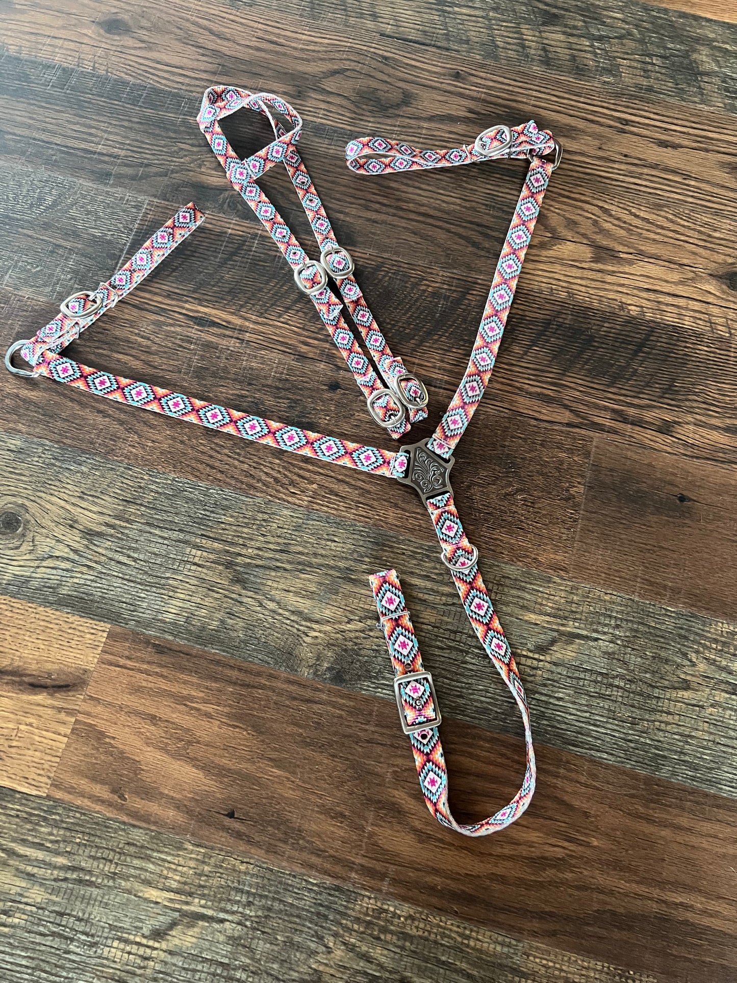 Pink Aztec Print Nylon One Ear Headstall and Breastcollar Set