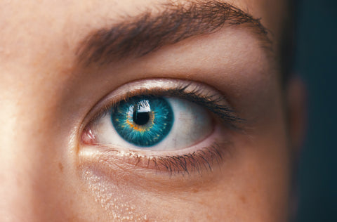 the image shows a close up of a blue eye