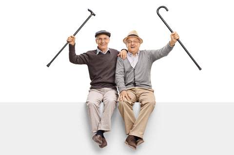 Two men sitting on a grey wall with each one brandishing a walking stick
