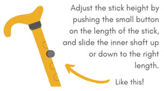 A diagram showing how to use the adjustable button on an aluminium walking stick