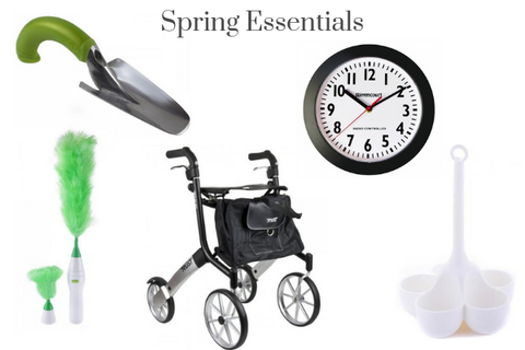 the image shows the  Ergonomic Garden Tools, Radio Controlled Clock, Let’s Go Out Rollator, under the heading "Spring Essentials"
