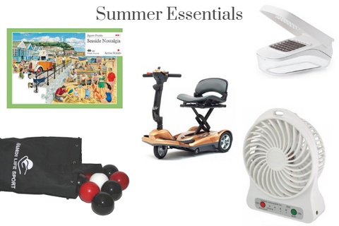 the image shows the Jigsaw Puzzle, Lawn Boccia Set, Curlew Auto Folding Scooter, Rechargeable Mighty Fan, under the heading "Summer Essentials".