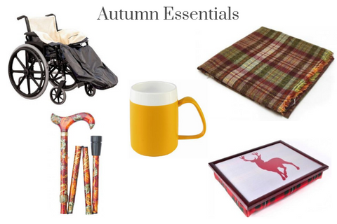 the image shows the Wheelchair Fleece Lined Leg Cosy, Folding Adjustable Patterned Walking Stick, Thermal Mug With Internal Cone, Luxury Tartan Lap Tray, Wool Blanket, under the heading "Autumn Essentials"