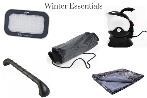 the image shows the Seasonal Affective Disorder Therapy Light, Prima Outdoor Grab Rail, Hand Muff, Uccello Kettle, Luxury Lap Blanket, under the heading "Winter Essentials."