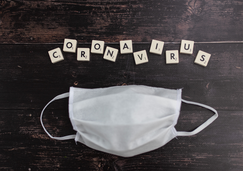 the image shows a facemask with coronavirus in scrabble letters