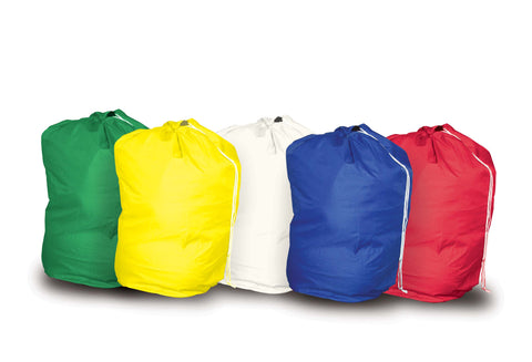 The image shows differently coloured laundry bags