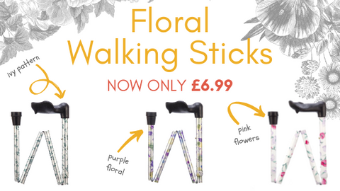 the image shows a collection of floral walking sticks