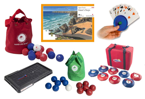 Various games that are available for sale on the Ability Superstore website – including the Boccia sets, Kurling game, jigsaw puzzle, playing cards and a playing card cardholder