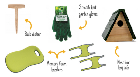 New gardening aids including kneelers, key sage, bulb dibber and gloves