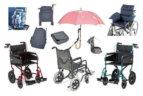 Three different wheelchairs, as well as some wheelchair bags, drink holders and a umbrella that are all for sale on the Ability Superstore website