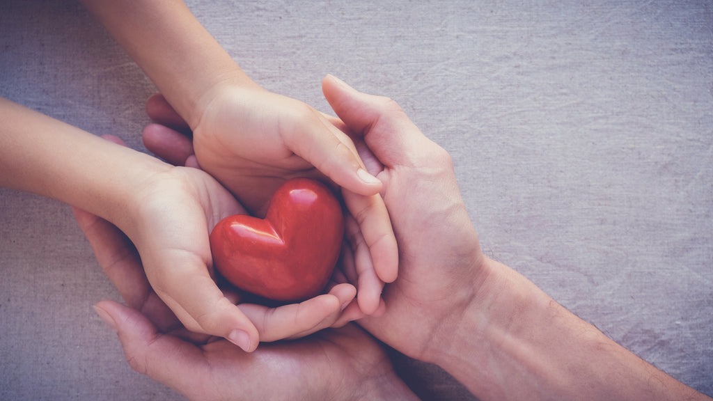 An adult and child have their hands together – both are holding a red, plastic heart