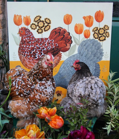 Arthur Parkinson's chickens with Catriona Hall's painting