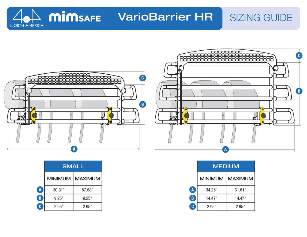 MIM Safe VarioBarrier HR Universal crash tested Cargo Barrier Sizing Chart