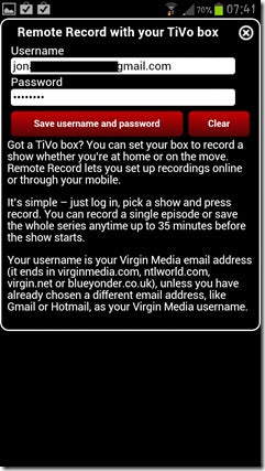 Screenshot from virgin media app
