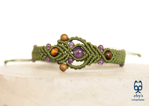 Green Macrame Handmade Cuff Bracelet Amethyst Tiger Eye Hematite Natural Gemstones