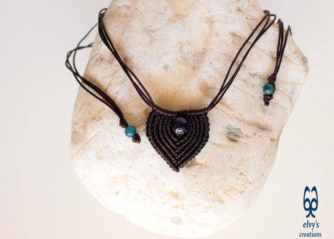 Brown Macrame Necklace with Amethyst and Apatite Gemstones