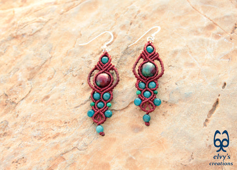 Dark Red Macrame Hoop Earrings with Agate and Apatite Gemstones