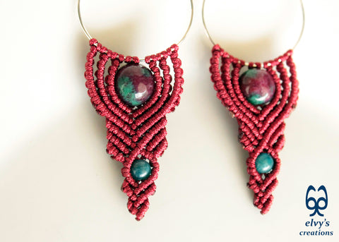 Dark Red Macrame Hoop Earrings with Agate and Apatite Gemstones