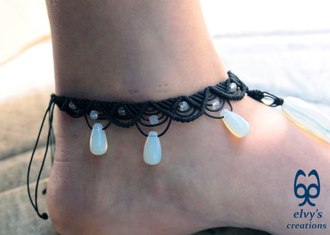 Handmade Macrame Moonstone Anklet Black Healing Gemstone Jewelry