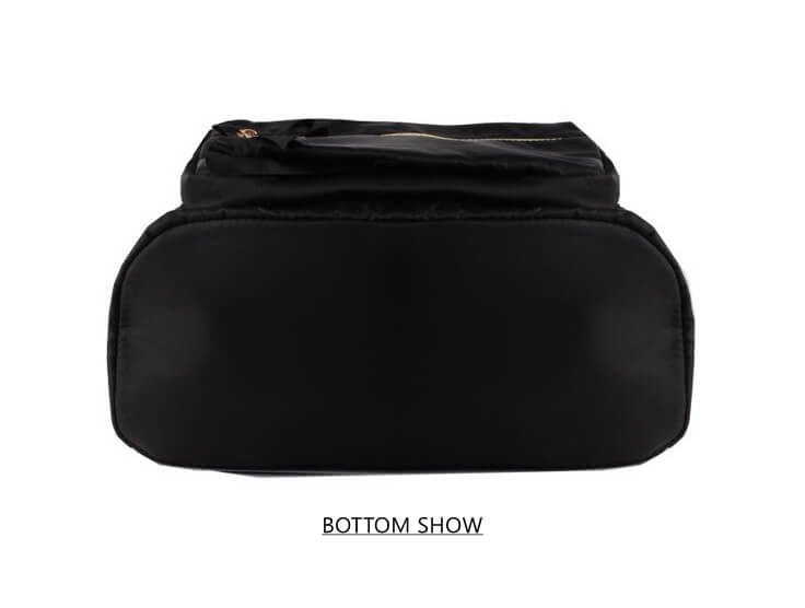 botton show of black nylon backpack