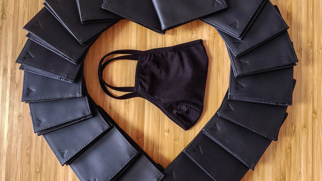 Allett Leather ID Slim Wallets Shaped Into a heart with a black facemask in the center for black lives matter