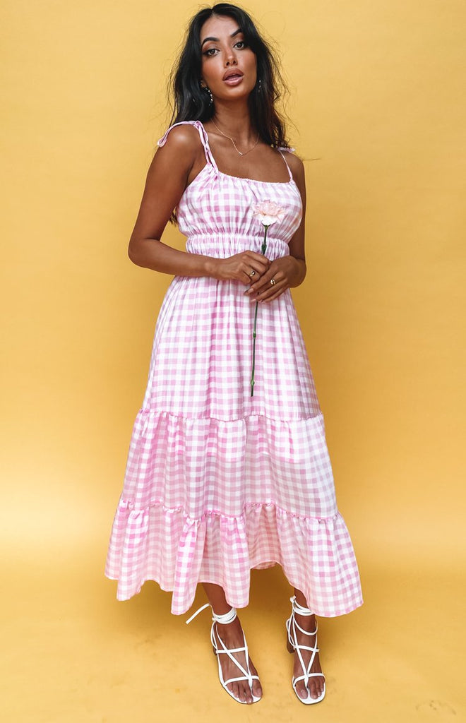 pink gingham maxi dress