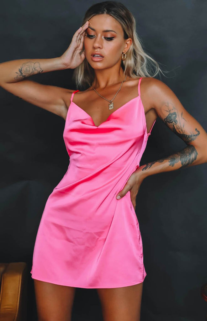 hot pink cowl neck dress