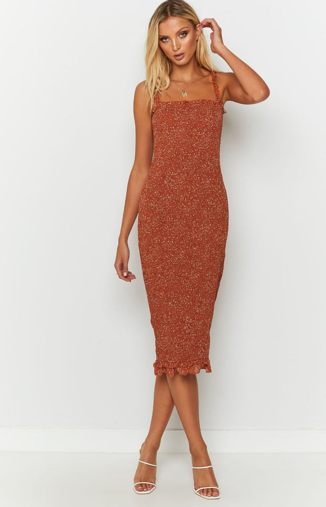 rust coloured midi dress