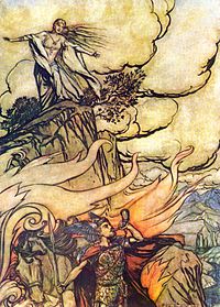 Brynhild and Sigurd on opposite sides of the wall of fire, Arthur Rackham illustration retrieved from https://upload.wikimedia.org/wikipedia/commons/thumb/9/9b/Ring52.jpg/200px-Ring52.jpg--Viking Dragon Blogs