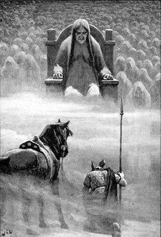 Hel on her throne before the shades of the dead, Hermod and his horse in front of her: "Hermod before Hela" by John Charles Dollman, 1909--Viking Dragon Blogs